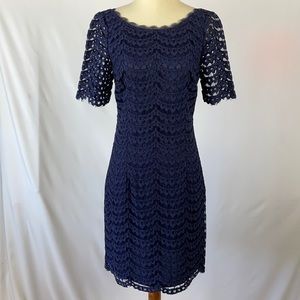 Boden Navy Blue Eyelash Scalloped Cocktail Dress w/Lace Overlay